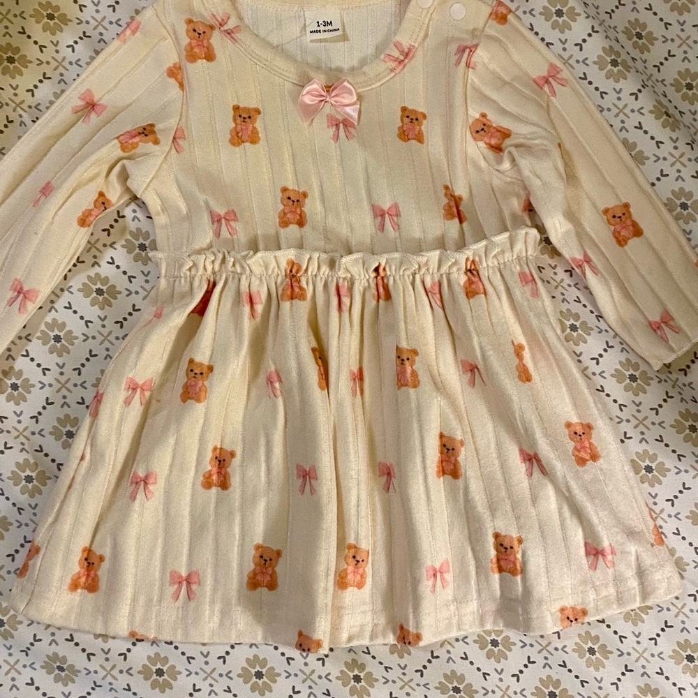 SHEIN Cream Dress with Pink Bows and Brown Teddy Prints 1-3 months